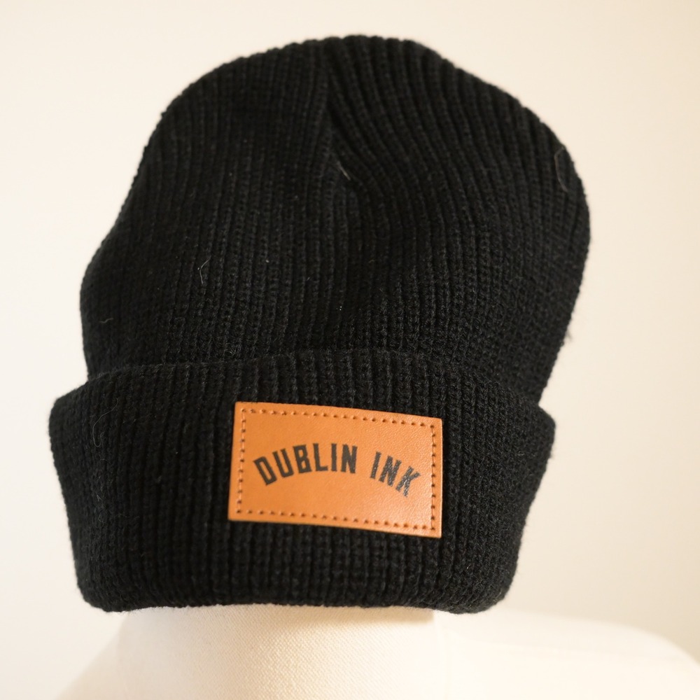 Dublin Ink Black Ribbed Knit Beanie Hat with Faux Leather Logo Patch Cuff